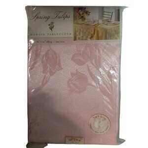 Spring Tulips Damask Tablecloth 60" X 120" Oblong Pink Seats 10-12 NEW Vintage